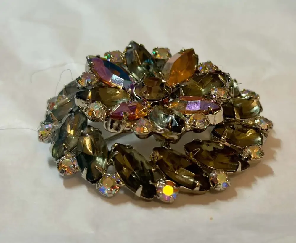 Vtg Garne Jewelry Marquise Aurora Crystal Flower Brooch  2